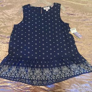 Blue sleeveless Westwrn Top Navy and White paisley ruffle (medium) NWT